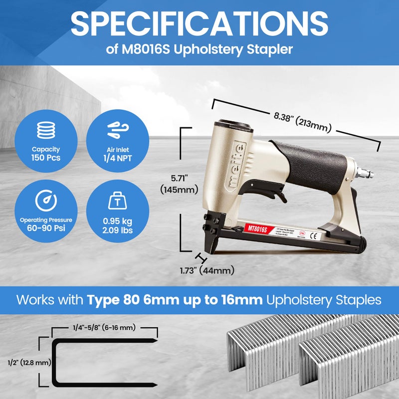 meite Pneumatic Upholstery Staple Gun for 21 Gauge 1/2-Inch Crown Staples, Heavy-Duty Stapler Gun for Woodworking, Carpentry, and DIY Projects (Model MT8016) - Image 2